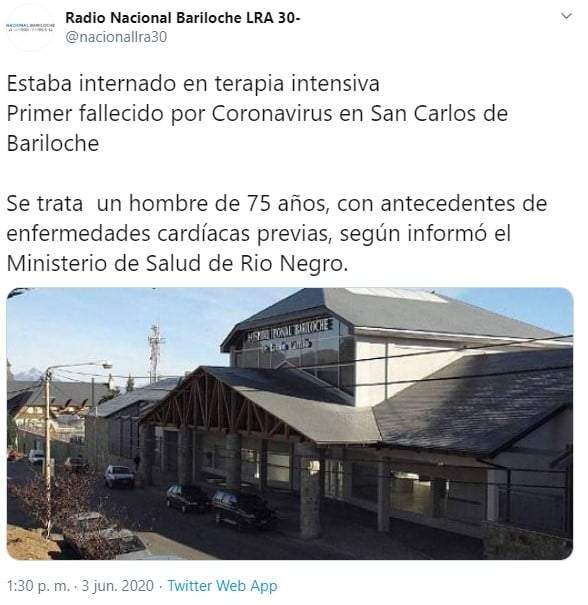 Muerte por coronavirus en Bariloche