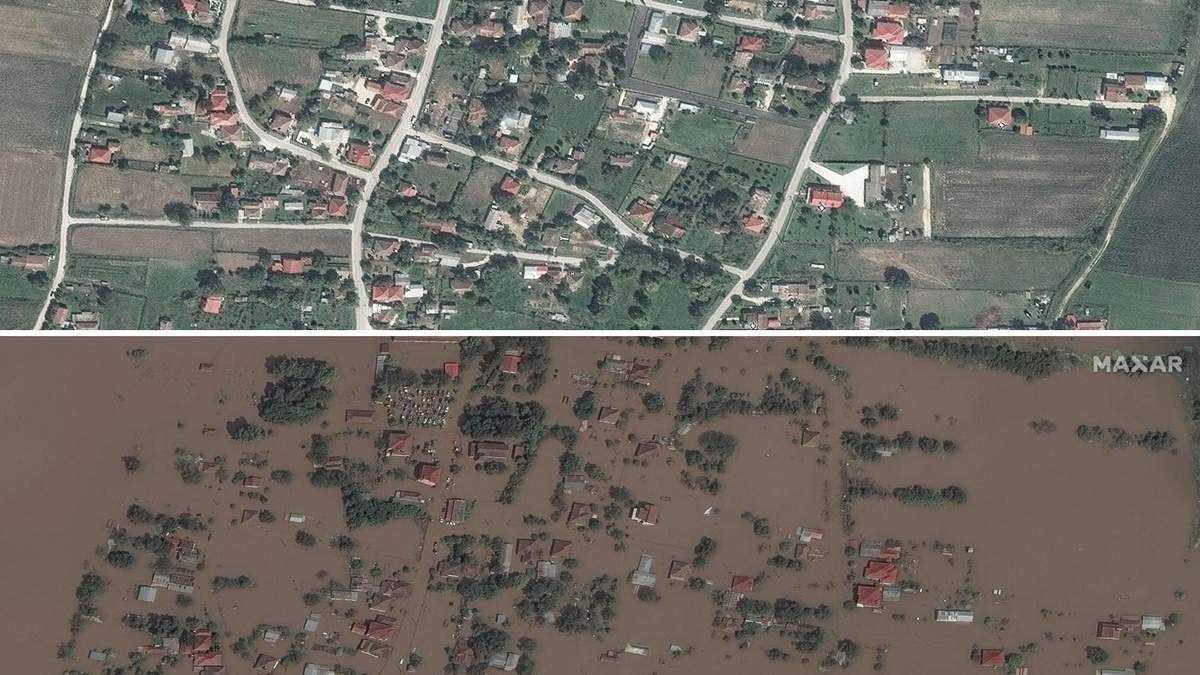 Una combinación de fotos satelitales: arriba se ve a la aldea de Koskinas en Grecia, el 16 de septiembre de 2022 y abajo la misma aldea, el 9 de septiembre de 2023 después de las inundaciones