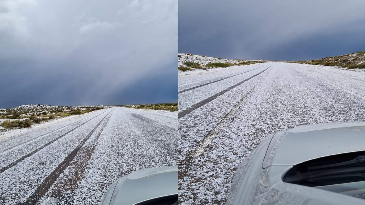 Granizo sobre la ruta a la altura de Bajada del Agrio. Fuente: (Facebook)