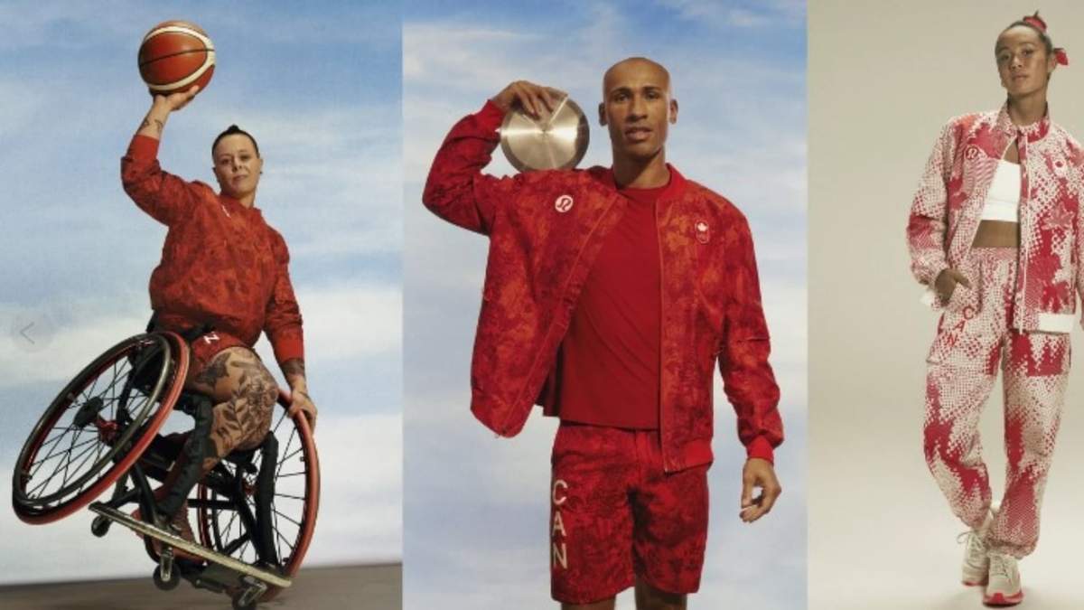 En esta imagen proporcionada por Lululemon, los atletas olímpicos canadienses, de izquierda a derecha, Cindy Ouellet, Damian Warner y Leylah Fernandez