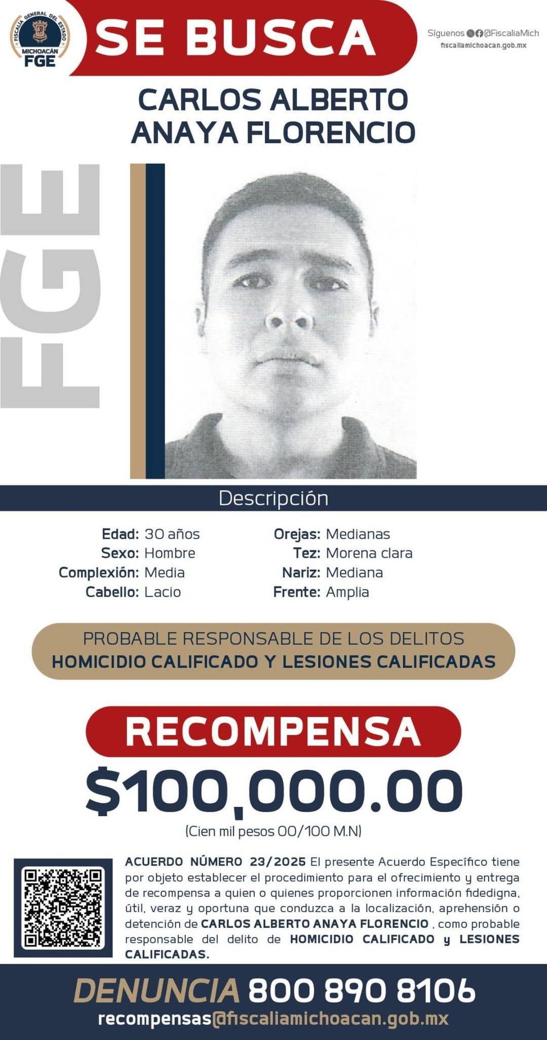 FGE de Michoacán ofrece recompensa por el policía Carlos Anaya Florencio, presunto responsable de homicidio calificado y lesiones