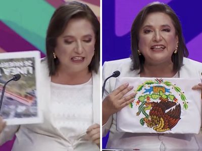 Xóchitl muestra al revés imágenes de la Línea 12 y de la bandera; esto dijo del lábaro patrio