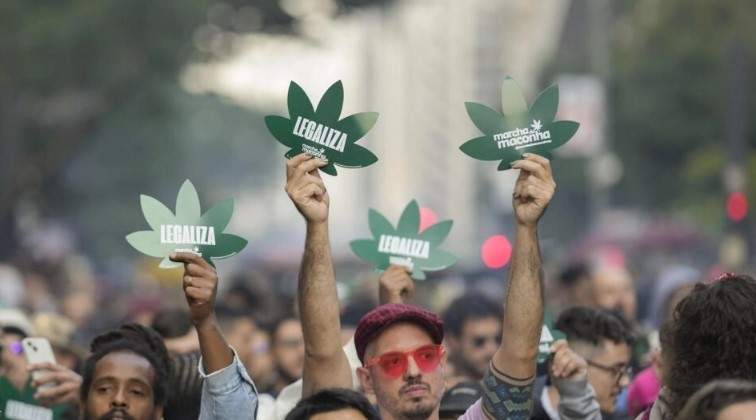 Manifestantes sostienen carteles en forma de hojas de cannabis con mensajes que dicen en portugués