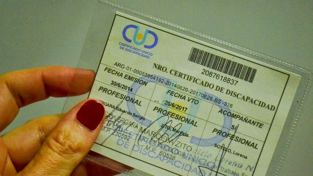 Un ejemplar de CUD (Certificado Único de Discapacidad). Fuente: (Twitter)
