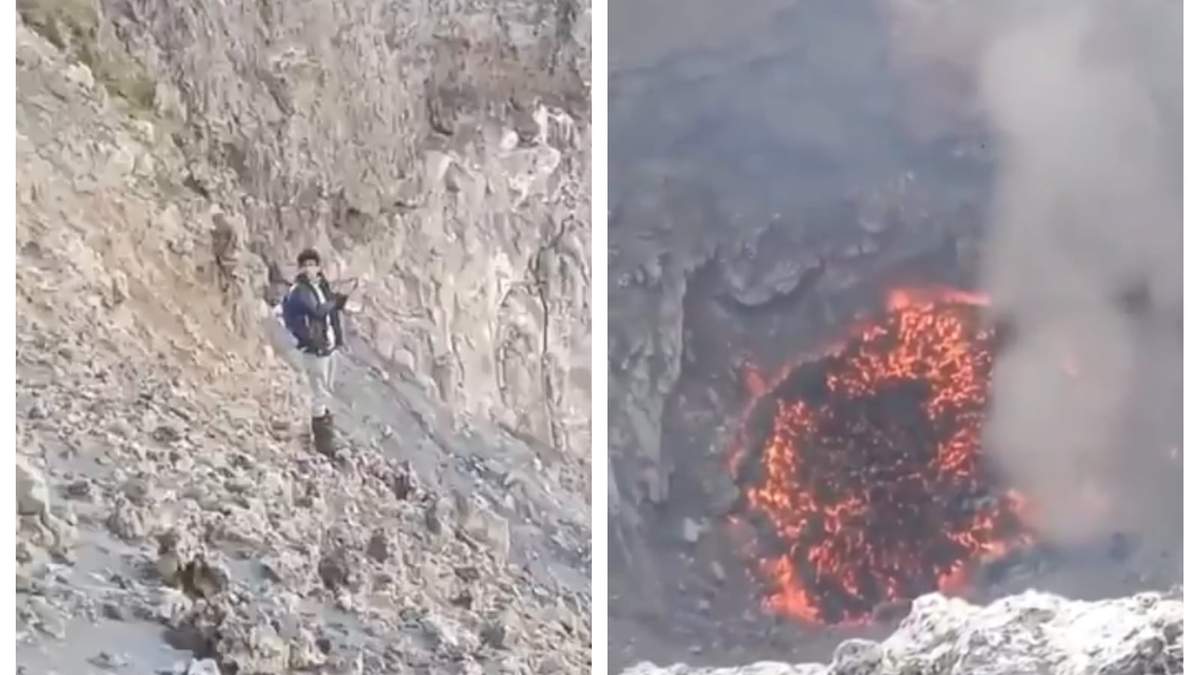 Uno de los sujetos parado junto al cráter del volcán Popocatépetl y la lava en su interior