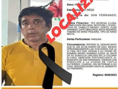 Hallan sin vida al maestro Misael Ramírez, quien llevaba 10 días desaparecido en Chiapas