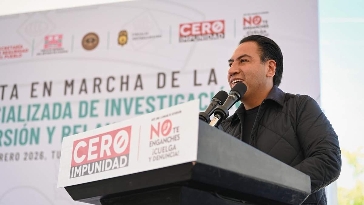 El gobernador de Chiapas, Eduardo Ramírez Aguilar, en la inauguración de la Unidad Especializada de Investigación del Delito de Extorsión y el Relanzamiento de la app "No te enganches", el 3 de febrero de 2026