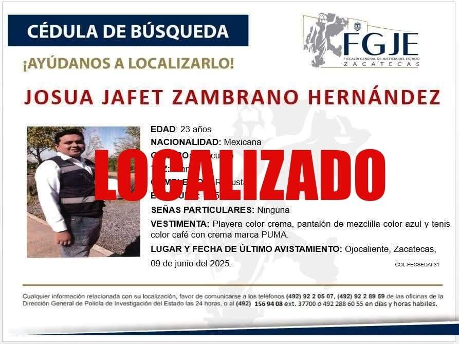 Ficha de búsqueda de Josua Jafet Zambrano Hernández, hijo del alcalde del municipio de Ojocaliente