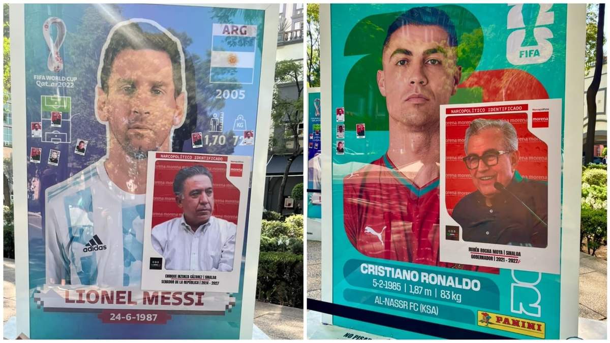 Intervención de la exposición del álbum del mundial con imágenes del senador Enrique Inzunza y el gobernador Rubén Rocha Moya, ambos acusados por EU de nexos con el narcotráfico, sobre las estampas de los futbolistas Lionel Messi y Cristiano Ronaldo