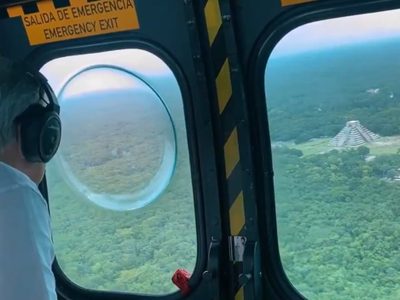 AMLO sobrevuela obras del Tren Maya en Yucatán