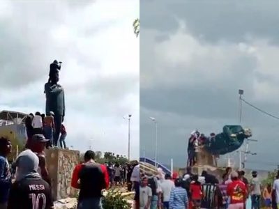 Manifestantes derriban varias estatuas de Hugo Chávez en Venezuela