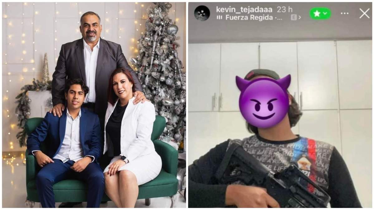 Kevin Tejada con sus padres, Alejandro Andrey Tejada Morales y Deyanira Altamirano Gómez, ambos funcionarios del estado de Oaxaca, y portando un arma de uso exclusivo del Ejército