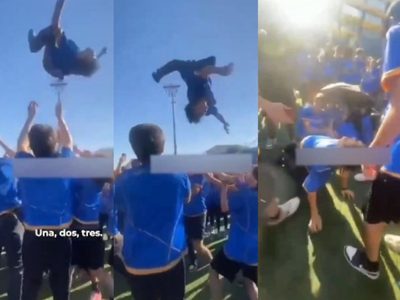 Estudiantes de preparatoria lanzan al aire a compañero y lo dejan caer VIDEO