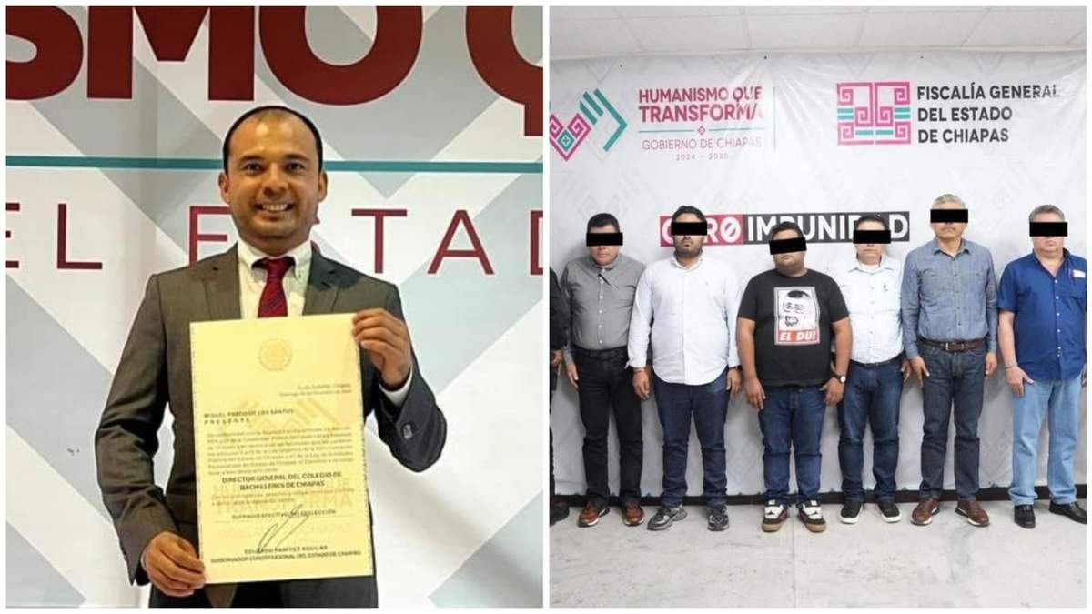 Miguel Prado de los Santos, exdirector del COBACH Chiapas, y los seis funcionarios de la institución que fueron aprehendidos por el delito de extorsión en agravio de una mujer