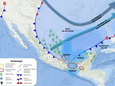 Masa de aire ártico y frente frío 28 impactarán el miércoles con lluvias fuertes, viento y niebla