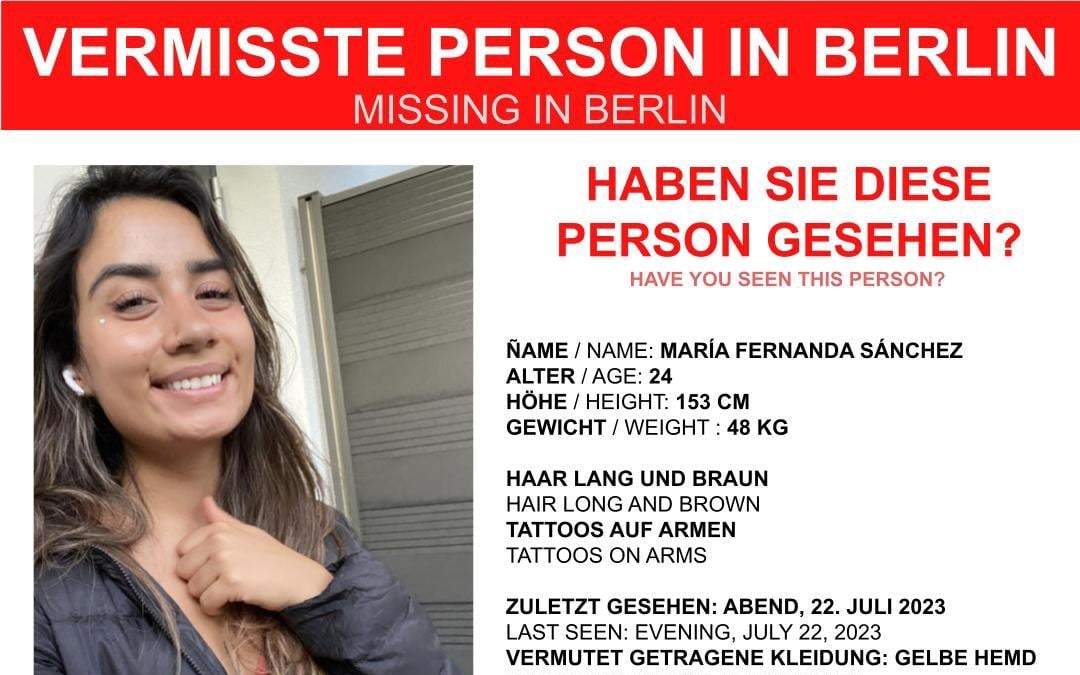 Cartel de persona desaparecida en Berlín de la estudiante mexicana María Fernanda Sánchez