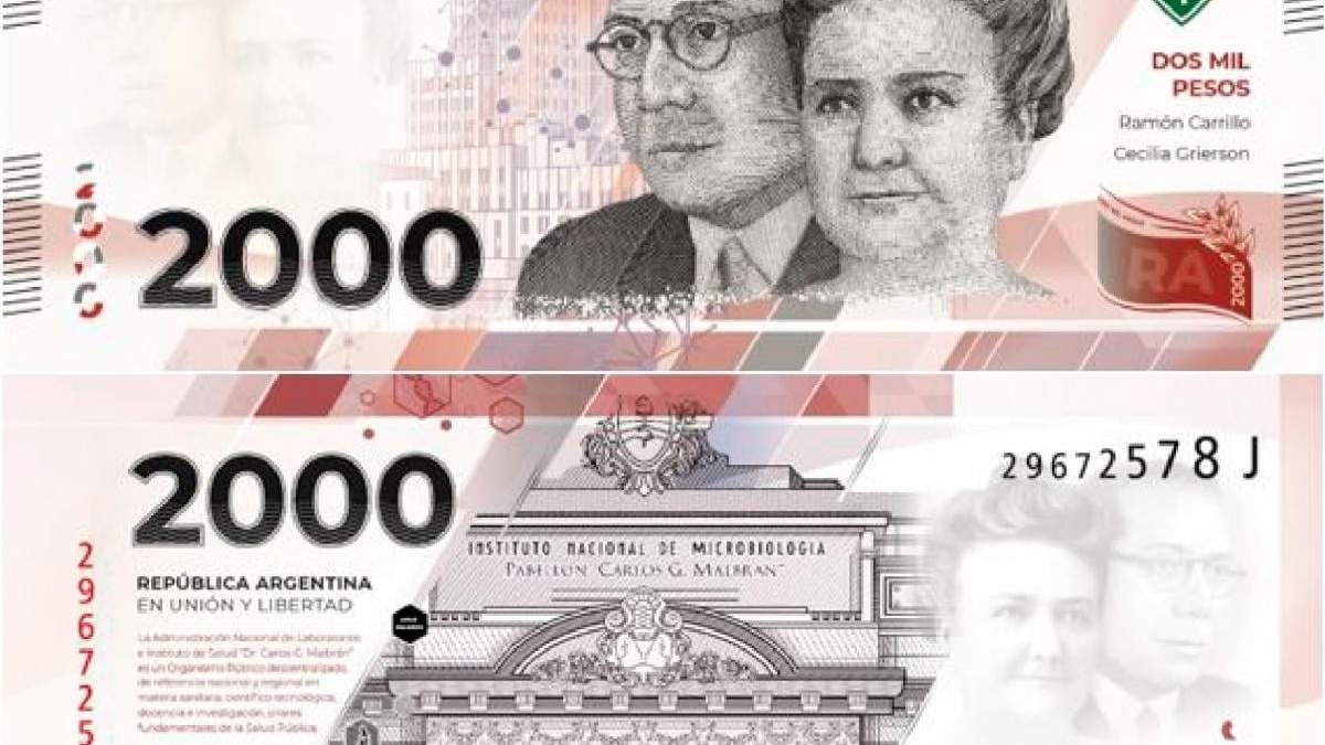 Así será por ambas caras el nuevo billete de 2 mil pesos. Fuente: (Télam)