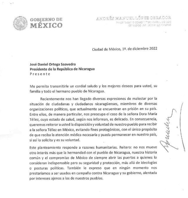 Carta envida por AMLO a Daniel Ortega1