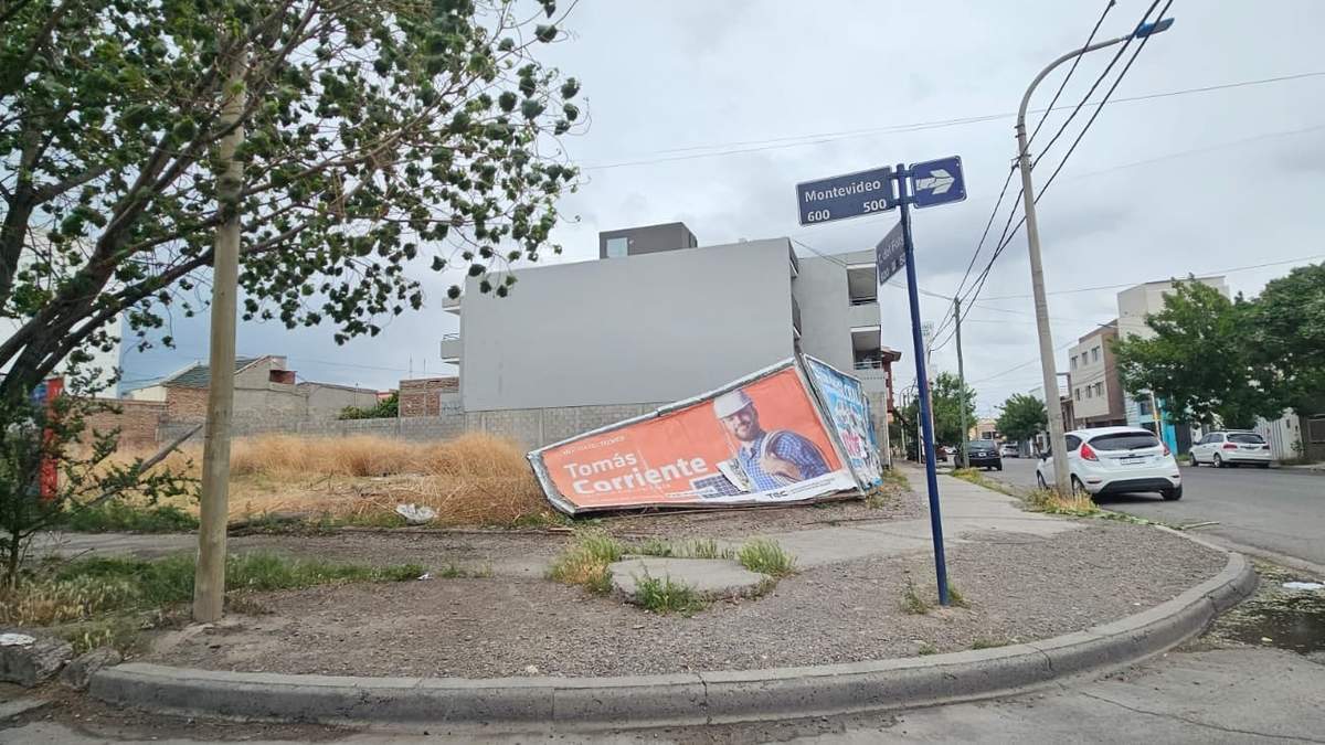 Cartelería publicitaria y árboles caídos por el intenso viento en la ciudad de Neuquén. Fuente: (Javier Manzano)