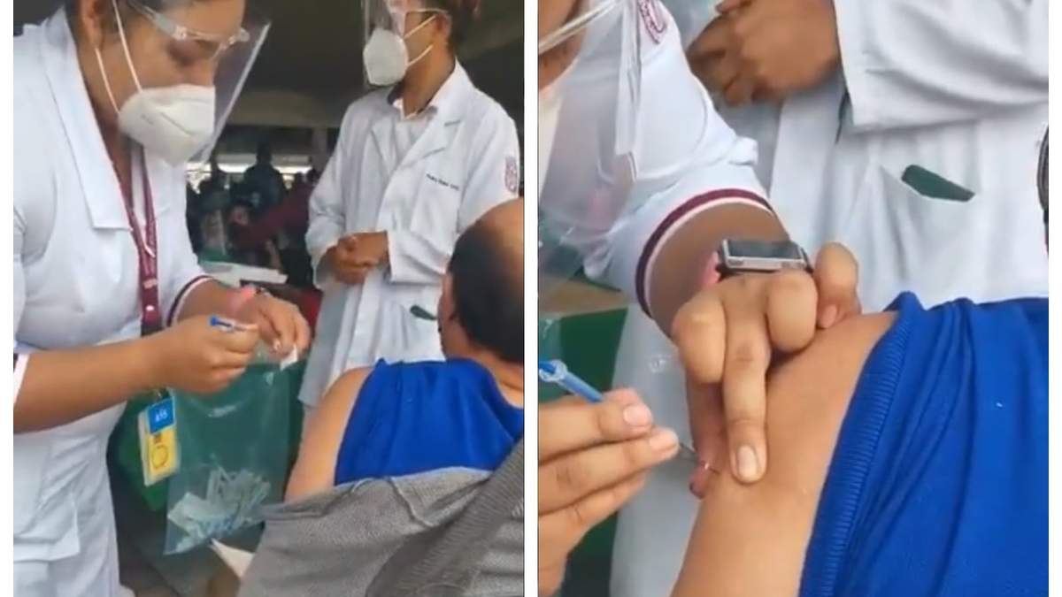 En el video publicado en redes sociales se ve a la voluntaria picar al adulto mayor, sin inyectarle la vacuna