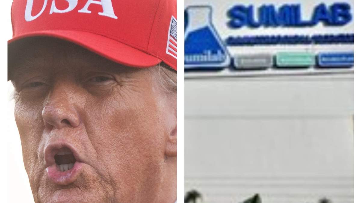 Trump y fachada de Sumilab, laboratorio y centro de equipo químico, entre las empresas sancionadas