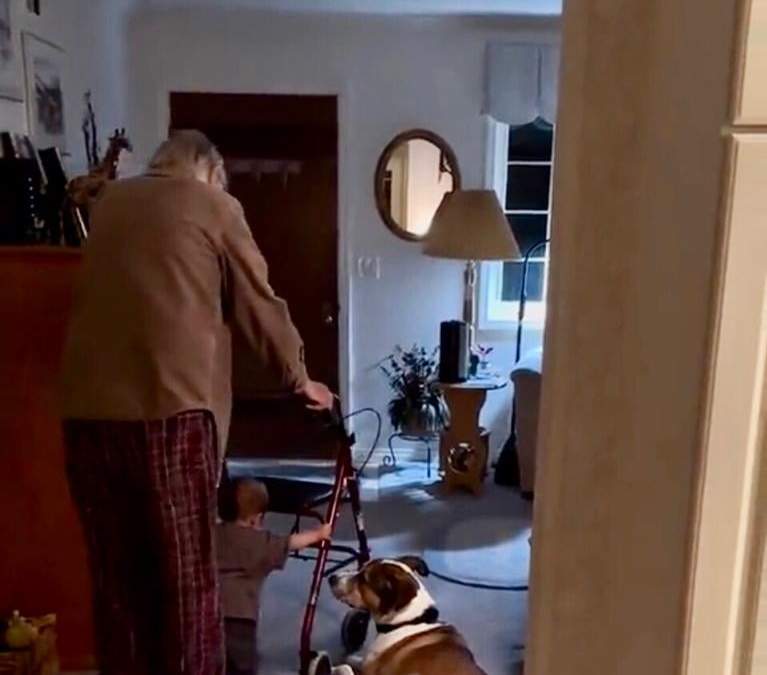 Abuelito enseña a caminar a su bisnieta