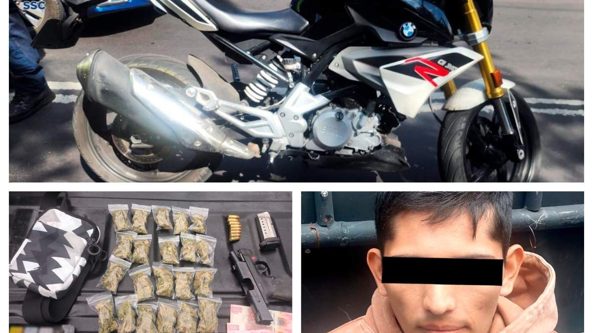 Uno de los asaltantes, la motocicleta, el arma y mariguana