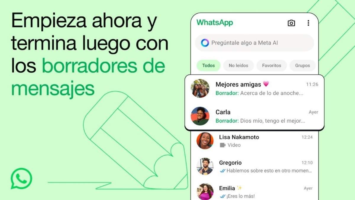 Interfaz de WhatsApp con borradores de mensajes - META