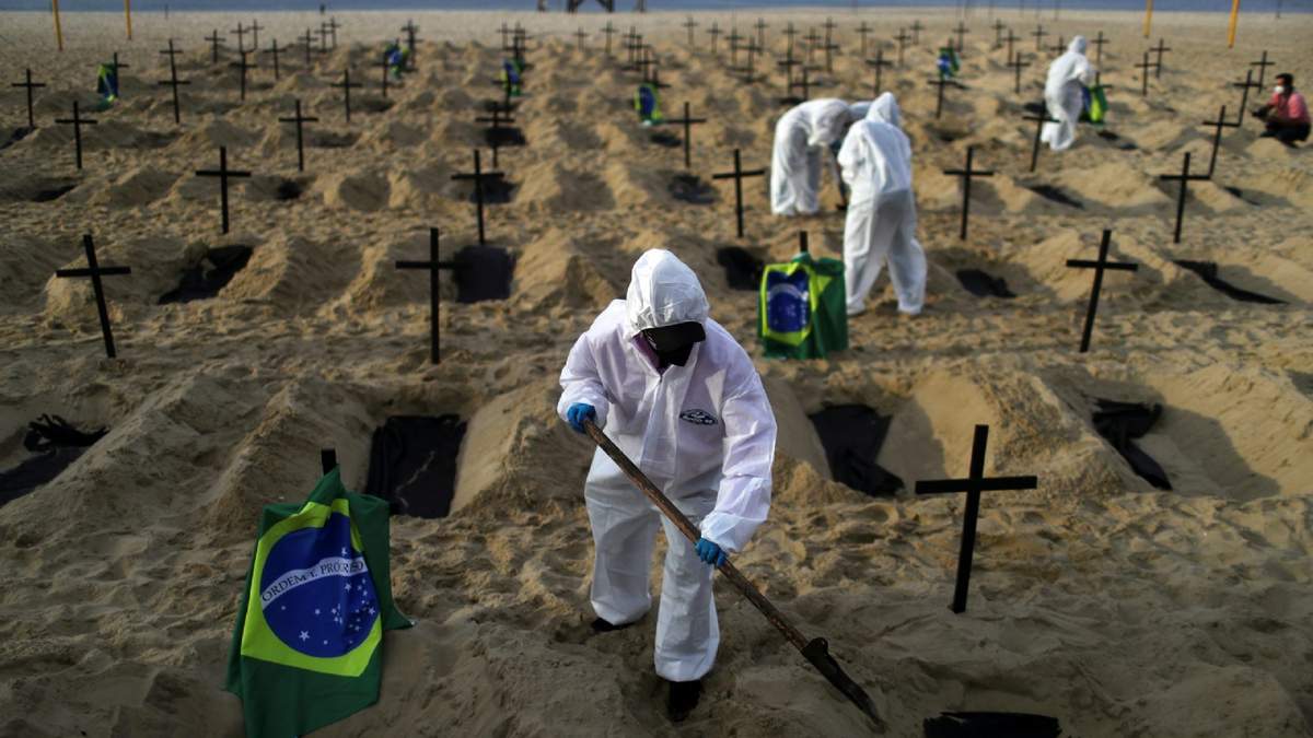 En junio, manifestantes cavaron tumbas en la playa de Copacabana para reclamar por la falta de políticas de cuidado. Fuente: (Twitter)