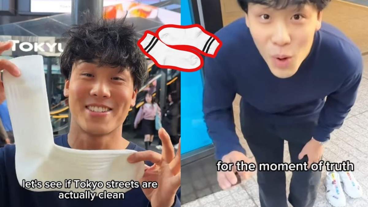El influencer Jojo Sim camina por una acera en Tokio con calcetines blancos para ilustrar la limpieza urbana.