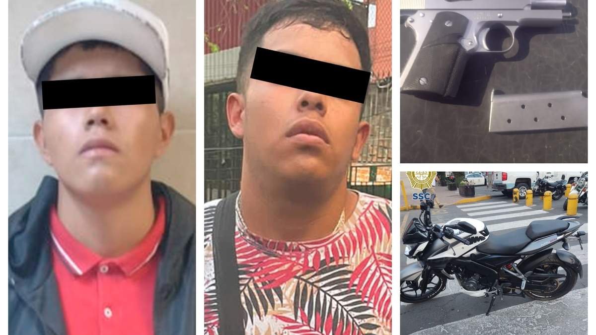 Los detenidos, el arma y la motocicleta en la que se trasladaban