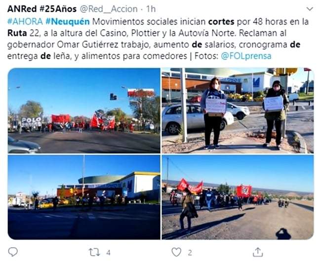 Cortes en Neuquén. Fuente: (Twitter)