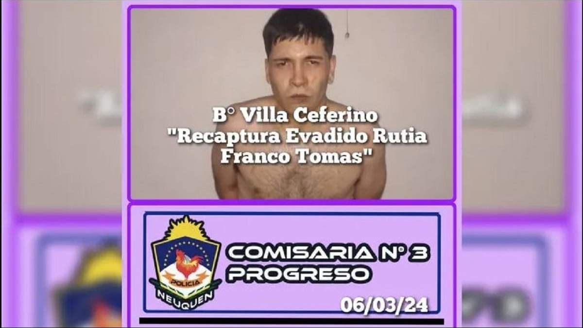 Franco Tomás Rutia, tenía pedido de captura nacional e internacional. Fuente: (Policía de Neuquén)
