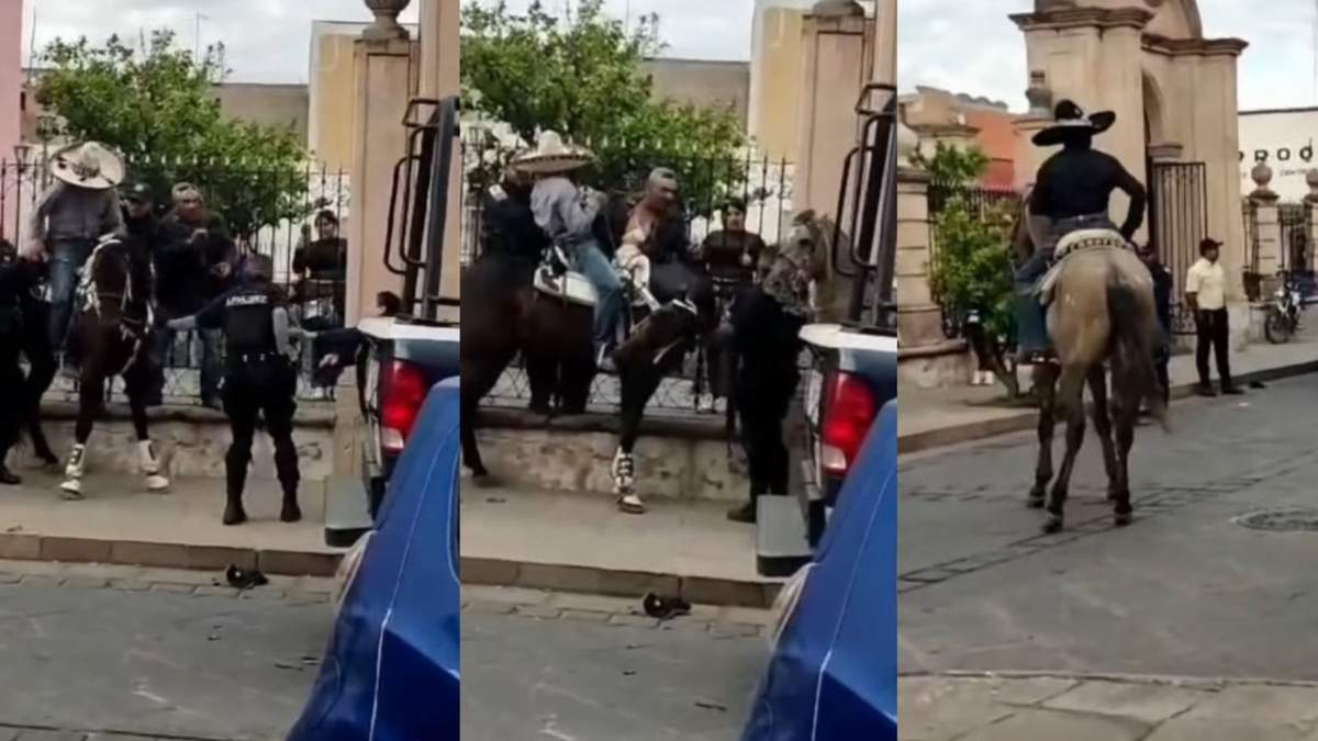 Captura del momento en que jinetes y policías se enfrentan en calles de Jerez, Zacatecas.