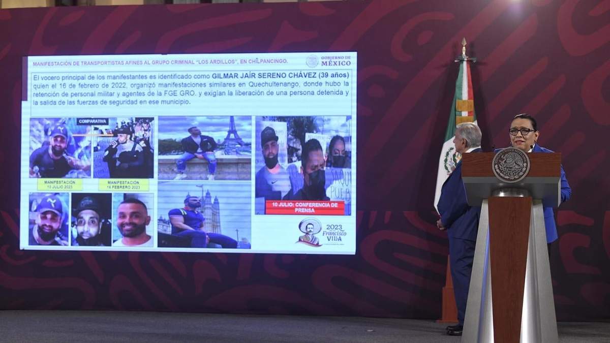 La secretaria Rosa Icela Rodríguez presenta a Gilmar Jaír Sereno Chávez, a quien identifica como uno de los líderes de las manifestaciones violentas en Chilpancingo