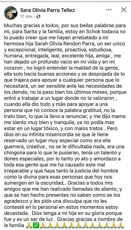 Publicación de Sara Olivia Parra Téllez en la que pide justicia para su hija asesinada en Cuernavaca, Morelos