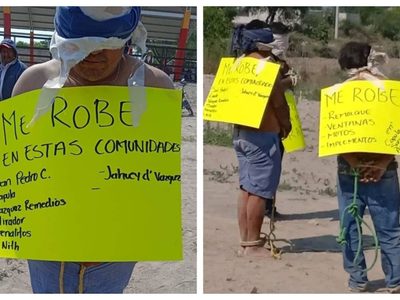 Habitantes de Ixmiquilpan detienen, amarran y exhiben a presuntos ladrones de autopartes