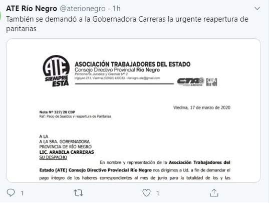 Tuit de ATE Río Negro