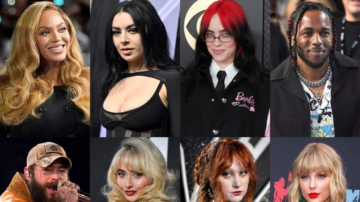 Los principales nominados a los premios Grammy, fila superior desde la izquierda, Beyonce, Charli XCX, Billie Eilish, Kendrick Lamar, fila inferior desde la izquierda, Post Malone, Sabrina Carpenter, Chappell Roan y Taylor Swift