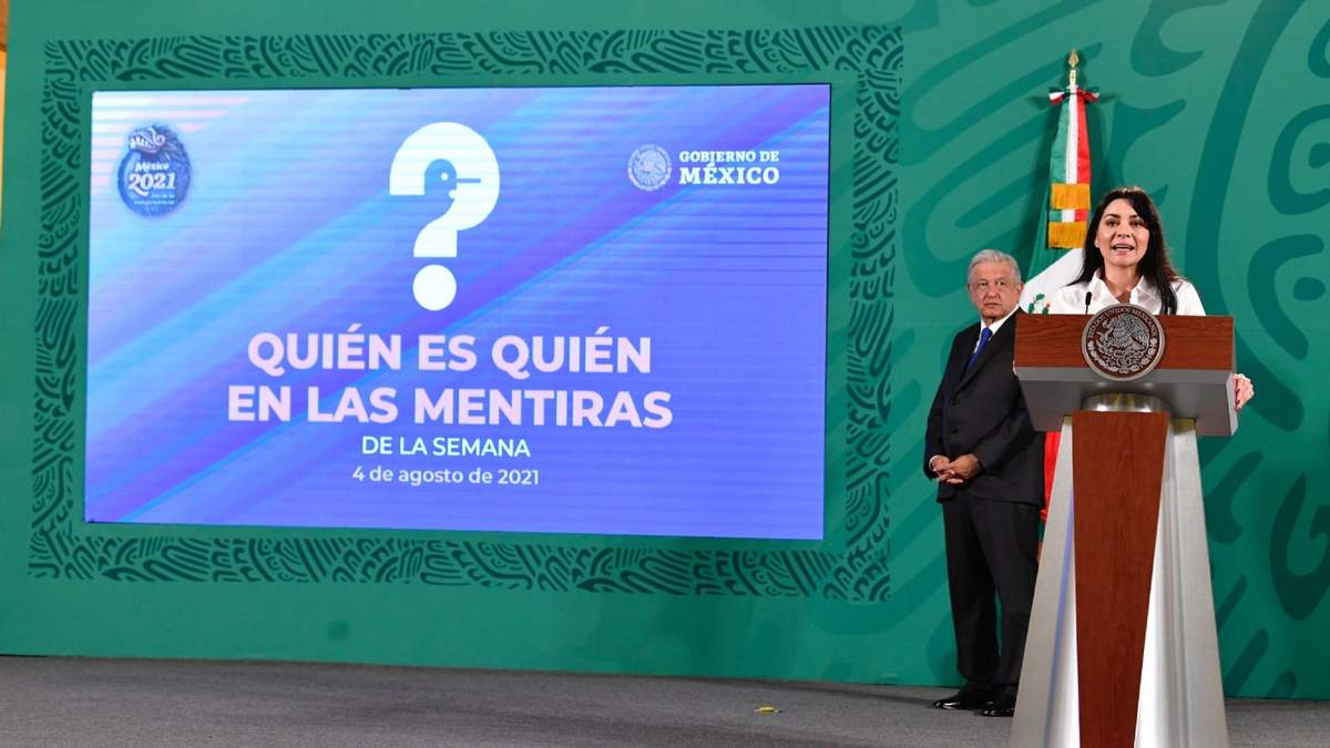 Ana Elizabeth García Vilchis junto al presidente durante la sección Quién es quien en las mentiras