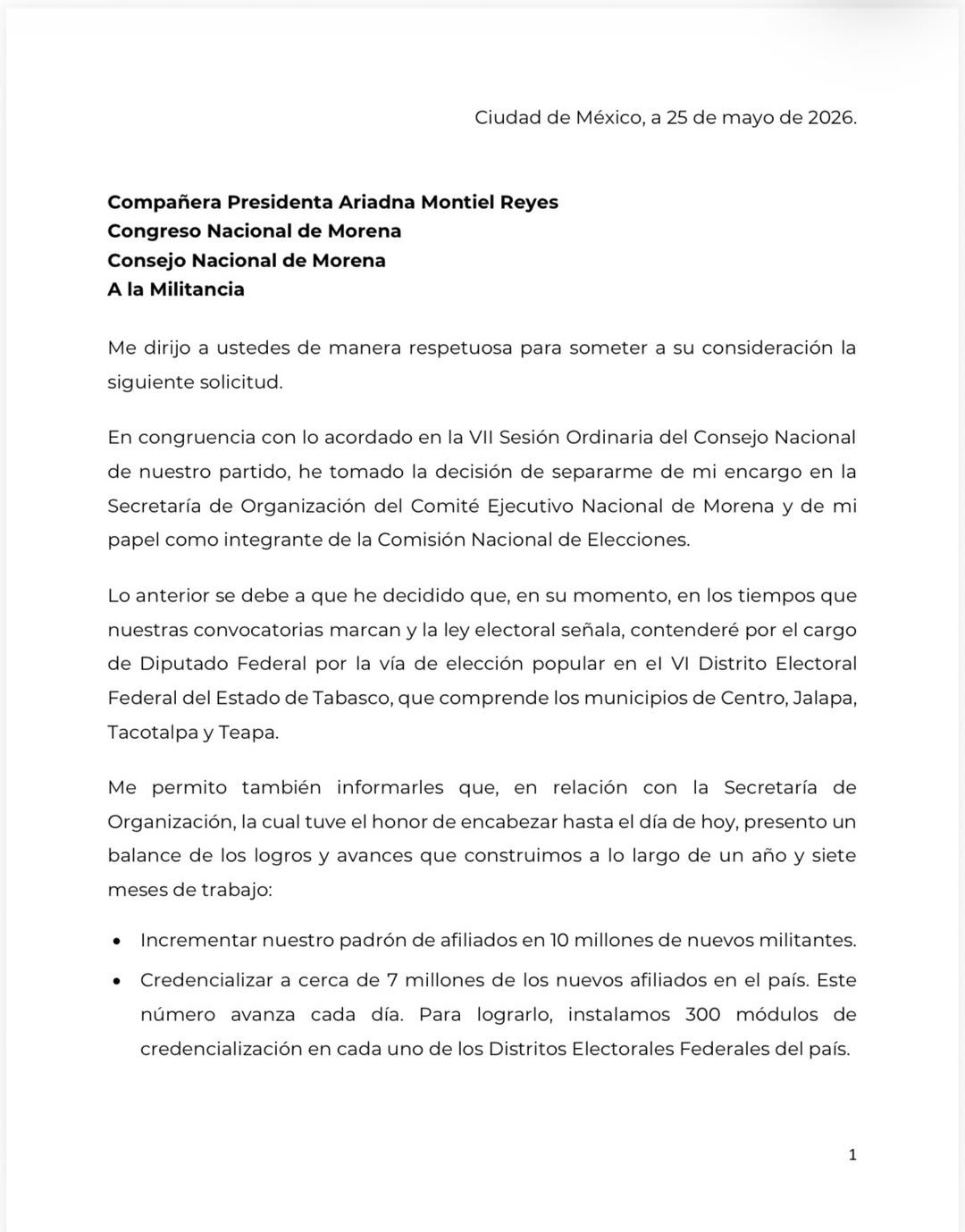 A la opinión pública, al Consejo Nacional de Morena, miembros de la estructura y militancia en g