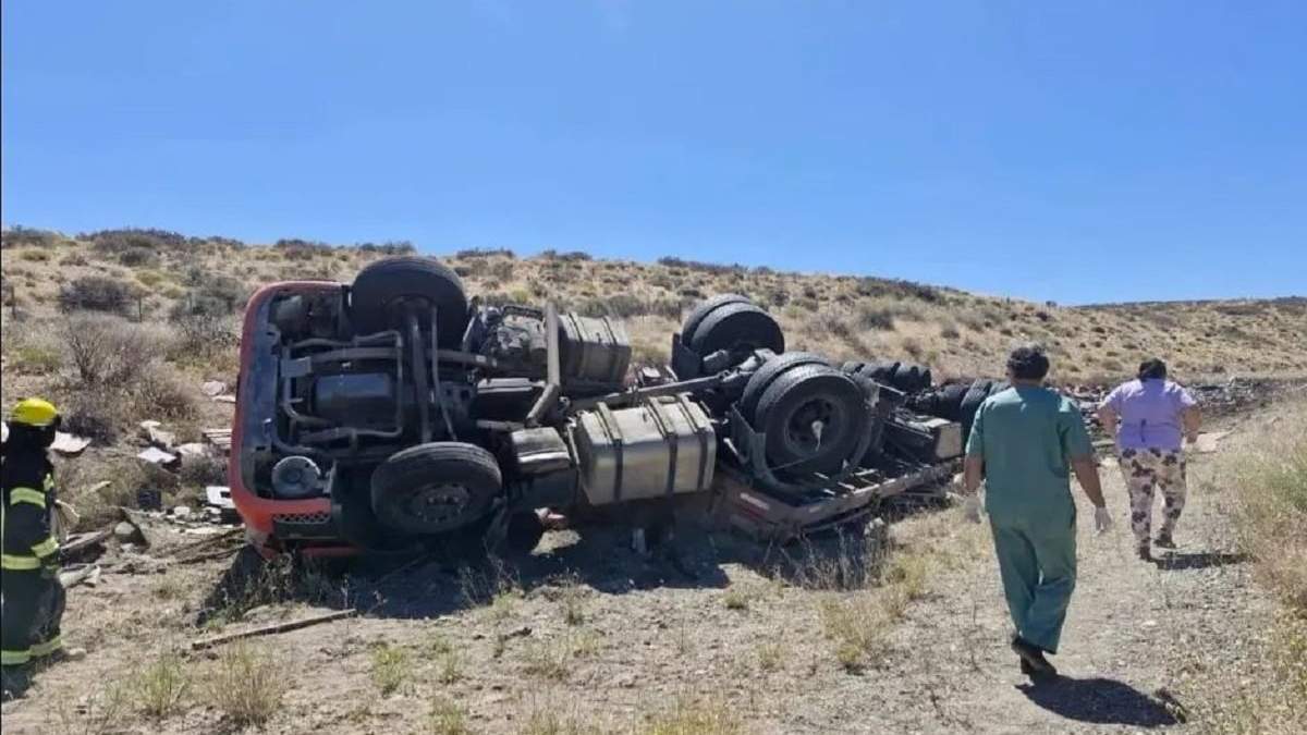 El camión, procedente de la provincia de Mendoza, volcó sobre la ruta Nacional 237. Fuente: (RSM)