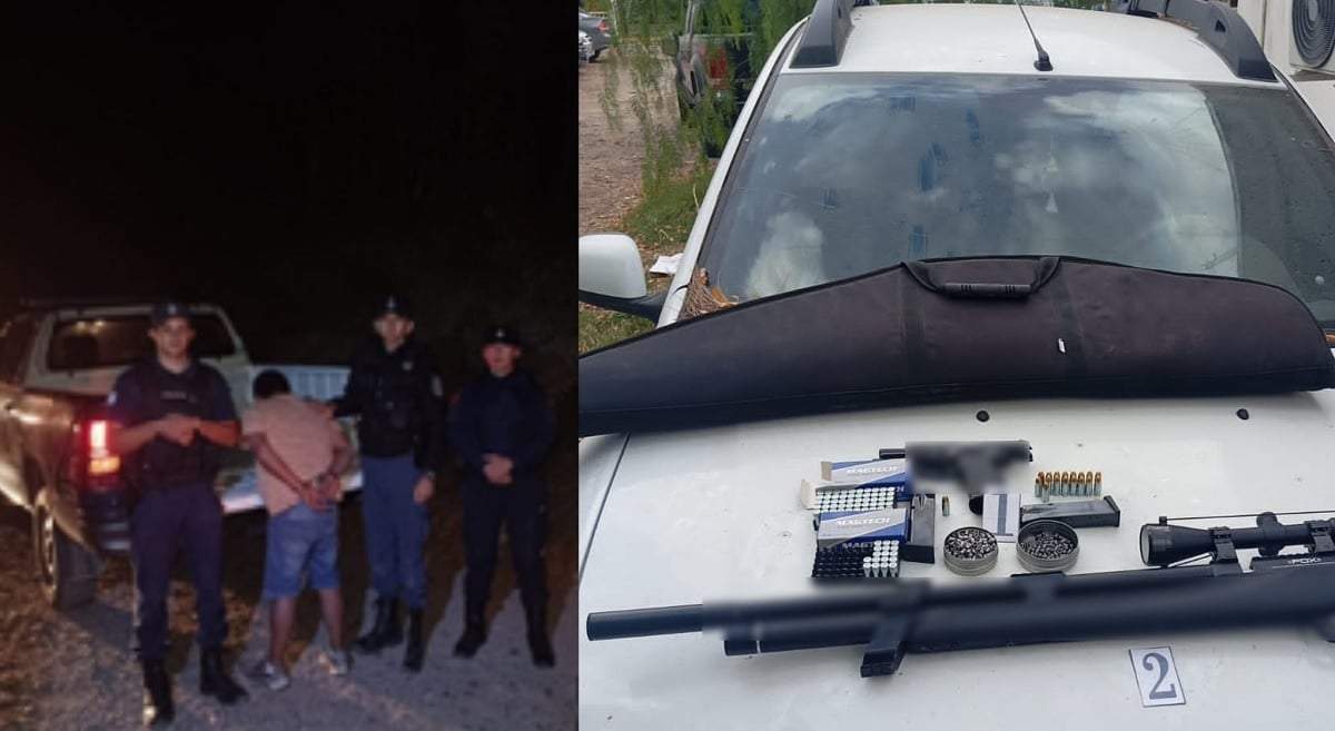 El hombre detenido y las armas encontradas en la camioneta. Fuente: (Policía de Neuquén)