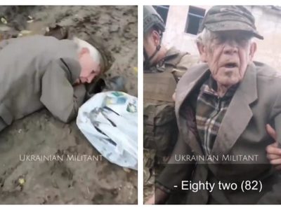 Soldados ucranianos ayudan a un anciano que se desmayó cuando buscaba comida