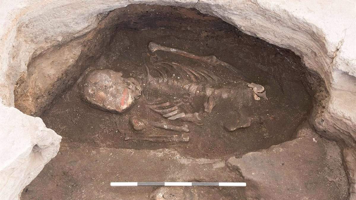 Esqueleto de individuo masculino de entre 35 y 50 años con pintura de cinabrio en el cráneo