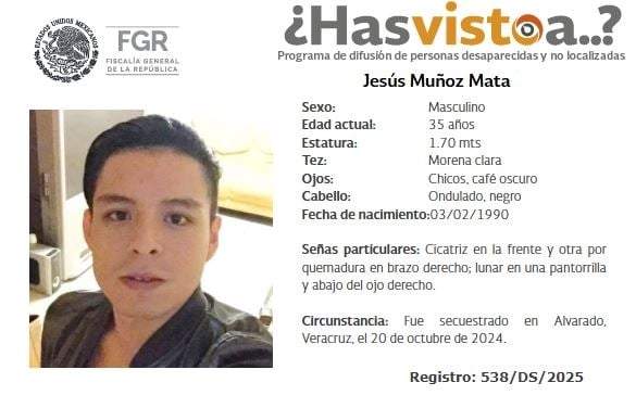 Ficha de búsqueda de Jesús Muñoz Mata, sobrino de la periodista Gloria Muñóz, secuestrado en octubre de 2024