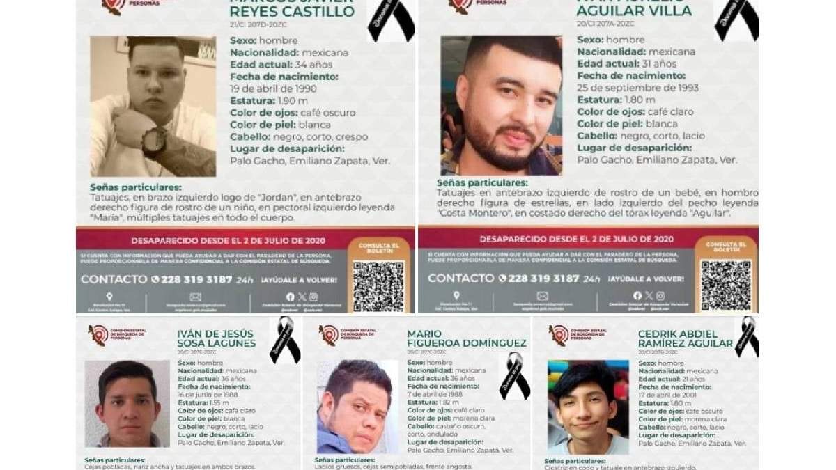 Fichas de búsqueda de Cedrick Abdiel Ramírez Aguilar, Iván Aurelio Aguilar Villa, Mario Figueroa Domínguez, Iván de Jesús Sosa Lagunes y Marco Javier Reyes, desaparecidos en un bar en 2020