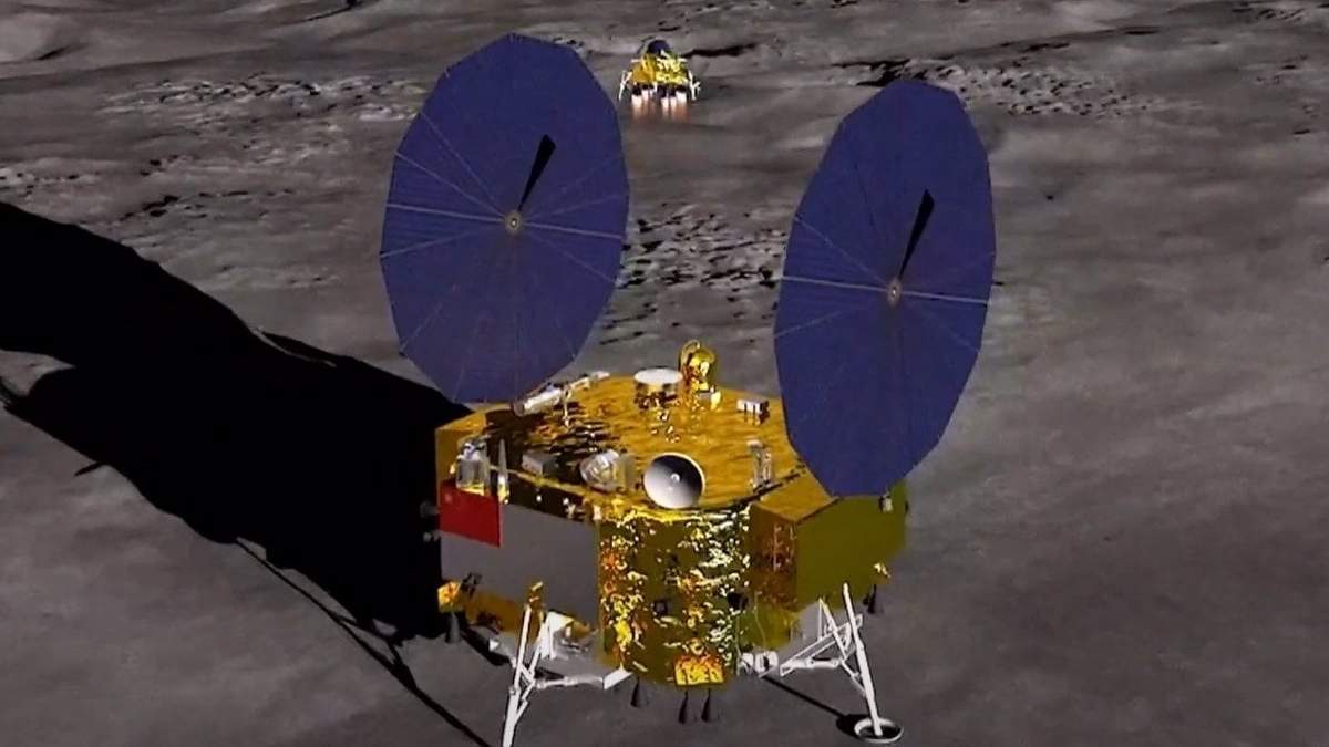 Ilustración del módulo de aterrizaje de la misión Chang'e 7 y el saltador que buscará agua en los cráteres del polo sur lunar