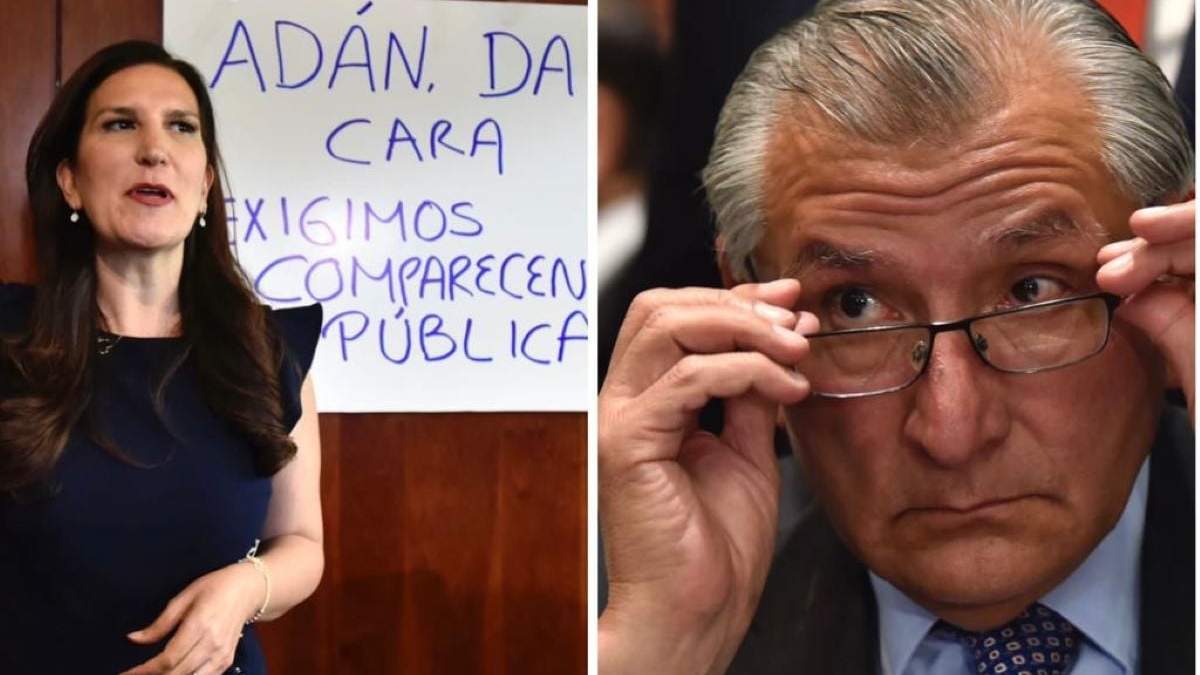 Kenia López pegó una pancarta afuera del salón Octavio Paz del Senado, donde se llevó a cabo la reunión entre Adán Augusto López y legisladores de Morena y partidos aliados.