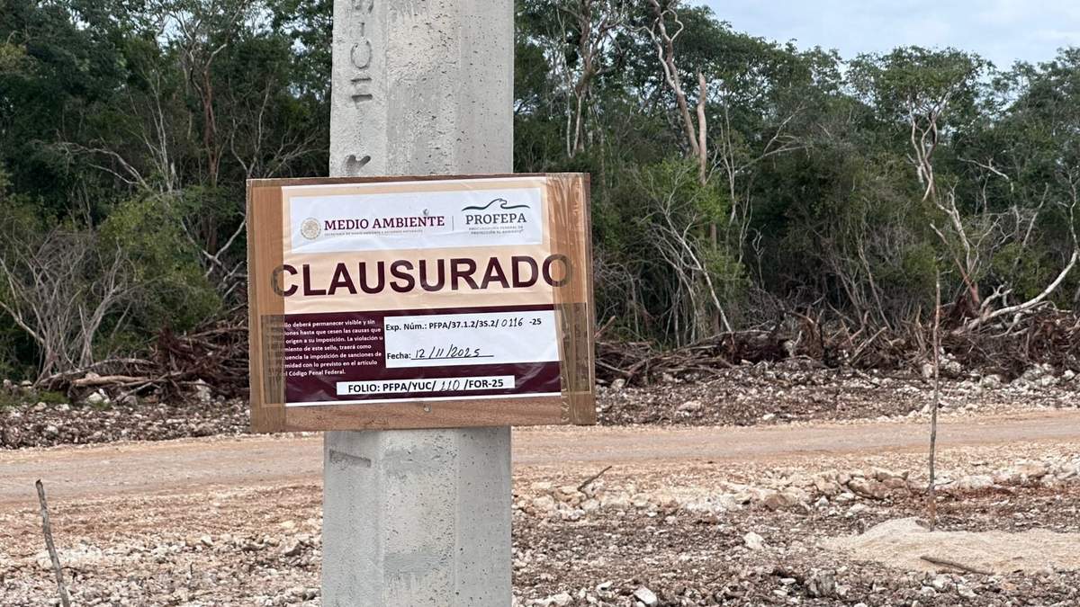 Sello de clausura de la Profepa en la obra de la empresa avícola CRÍO, Kinchil, Yucatán, noviembre de 2025